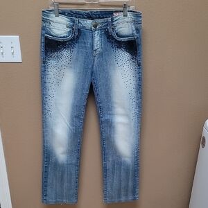 Blue and White Straight Leg Jeans with Vintage-Inspired Wash 👖